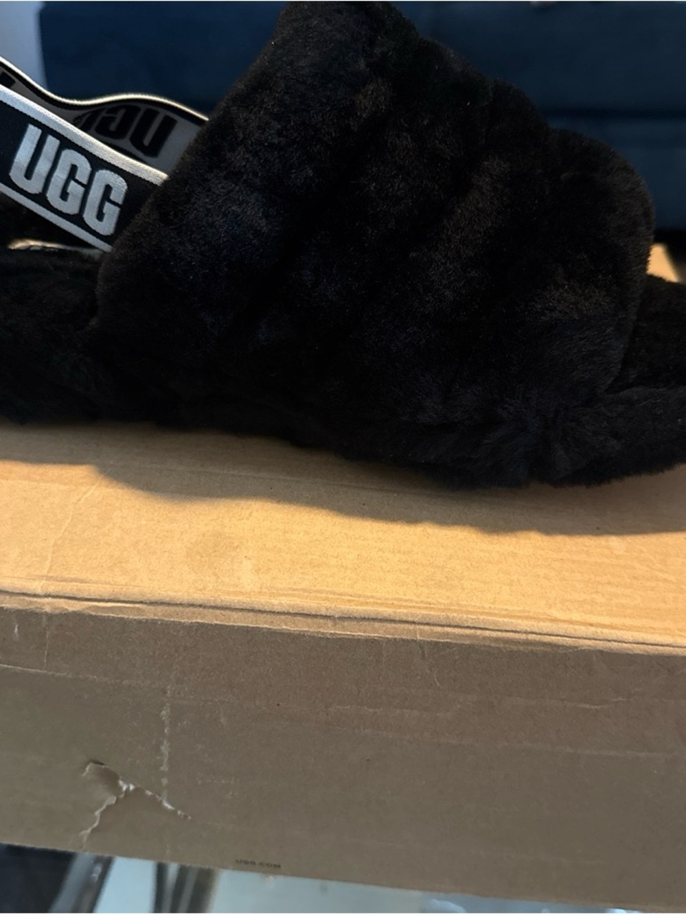 UGG Black Fluff Slide with Branded Elastic Heel